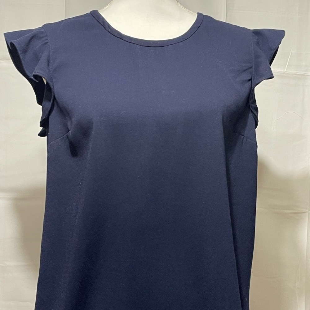 J. Crew Navy Ruffle Sleeve Top, Zipper Closure in Back. So much nicer in person. - Picture 2 of 13